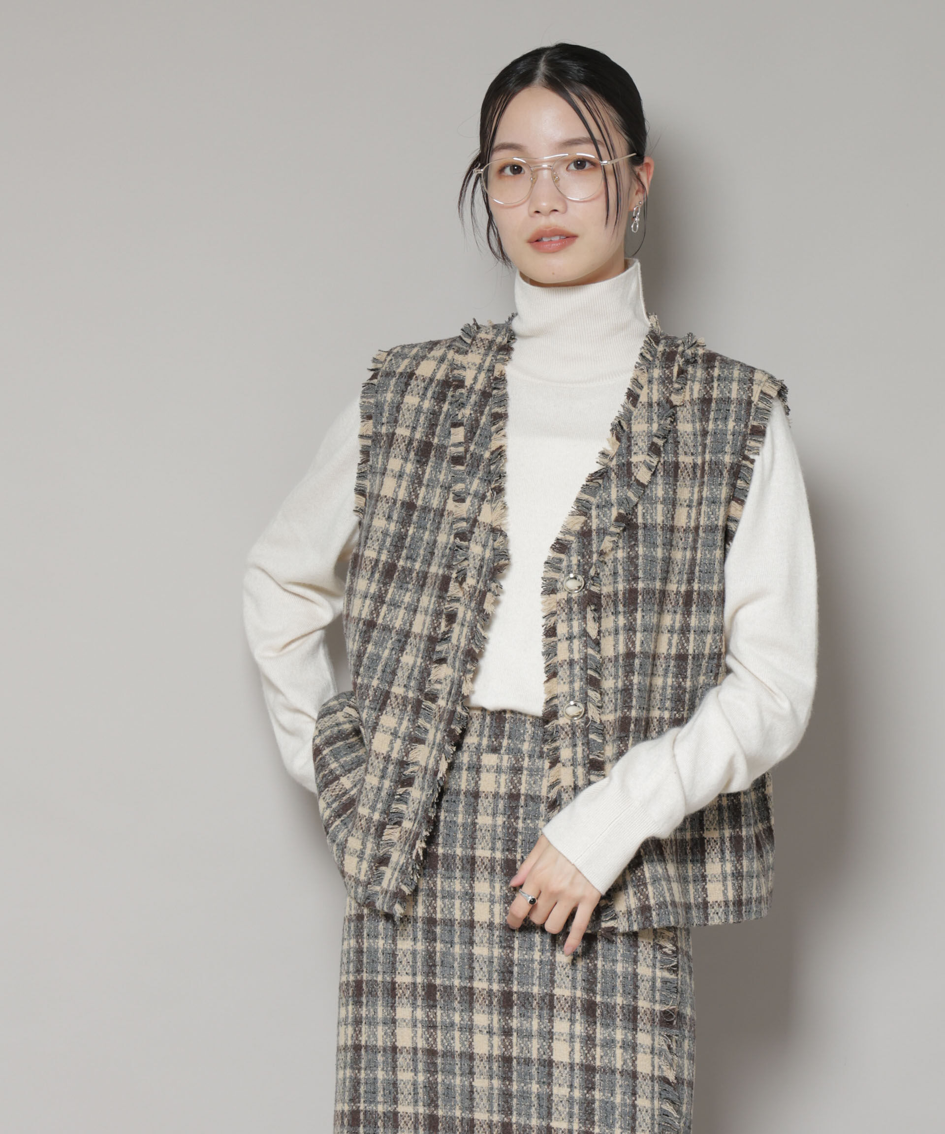 nano･universe「チェックフリンジ金ボタンジレ(セットアップ可)」|テーラードジャケット|
