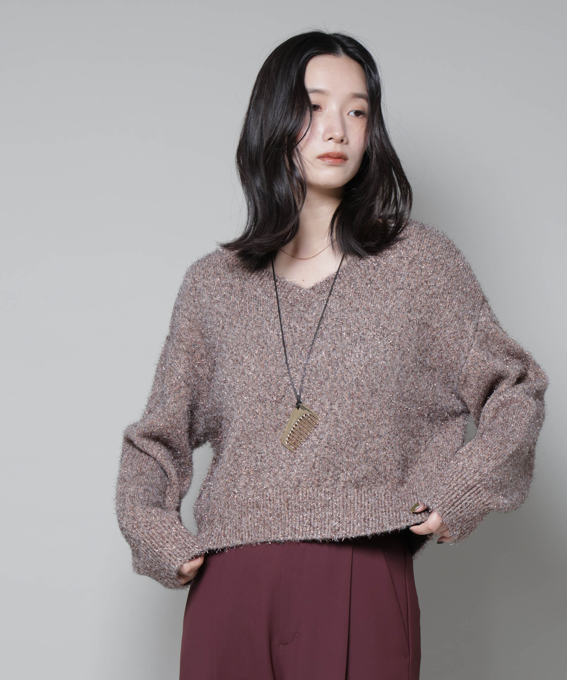 nano･universe「前後2wayラメミックスフェザーニット」|ニット・セーター|ブラウン