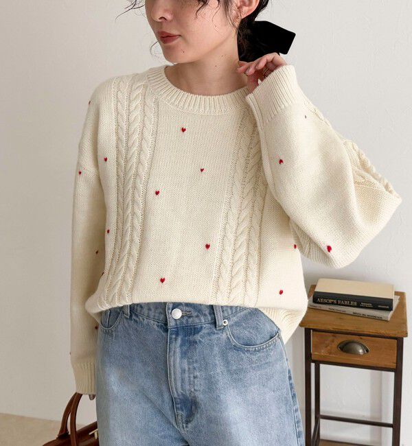 fredy emue「ハート刺繍柄編みニットプルオーバー」|ニット・セーター|