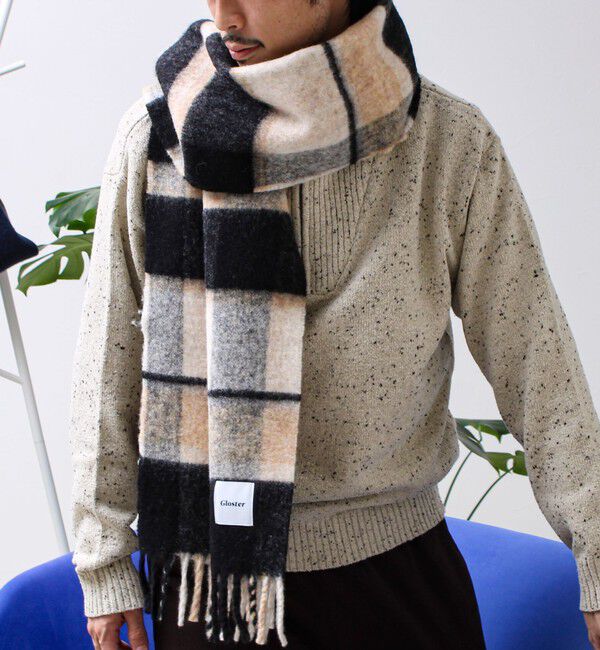 GLOSTER「ウール混ブークレ 大判チェックマフラー」|マフラー|