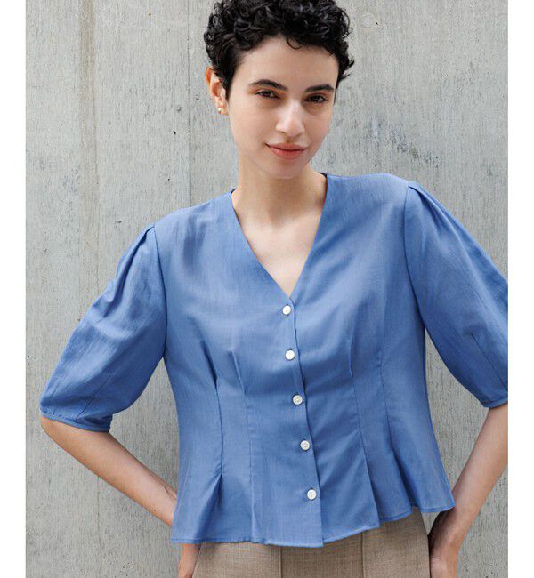 ROPE「【洗える・羽織にもなる】Vネック5分袖パフスリーブブラウス」|シャツ・ブラウス|