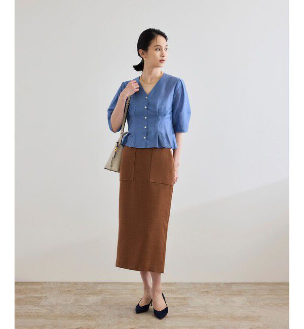 ROPE「【洗える・羽織にもなる】Vネック5分袖パフスリーブブラウス」|シャツ・ブラウス|