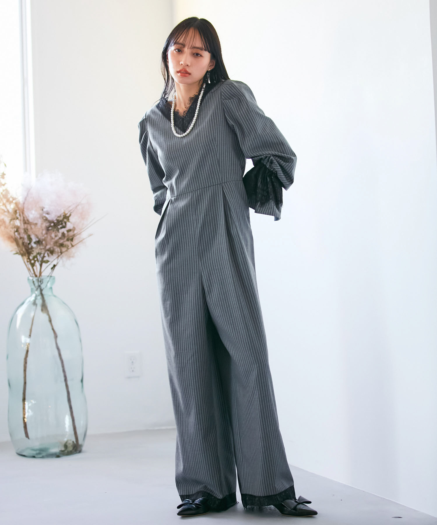 VIS「【VIS DRESS】ピンストライプレースオールインワン【洗える】」|オールインワン|グレー(07)