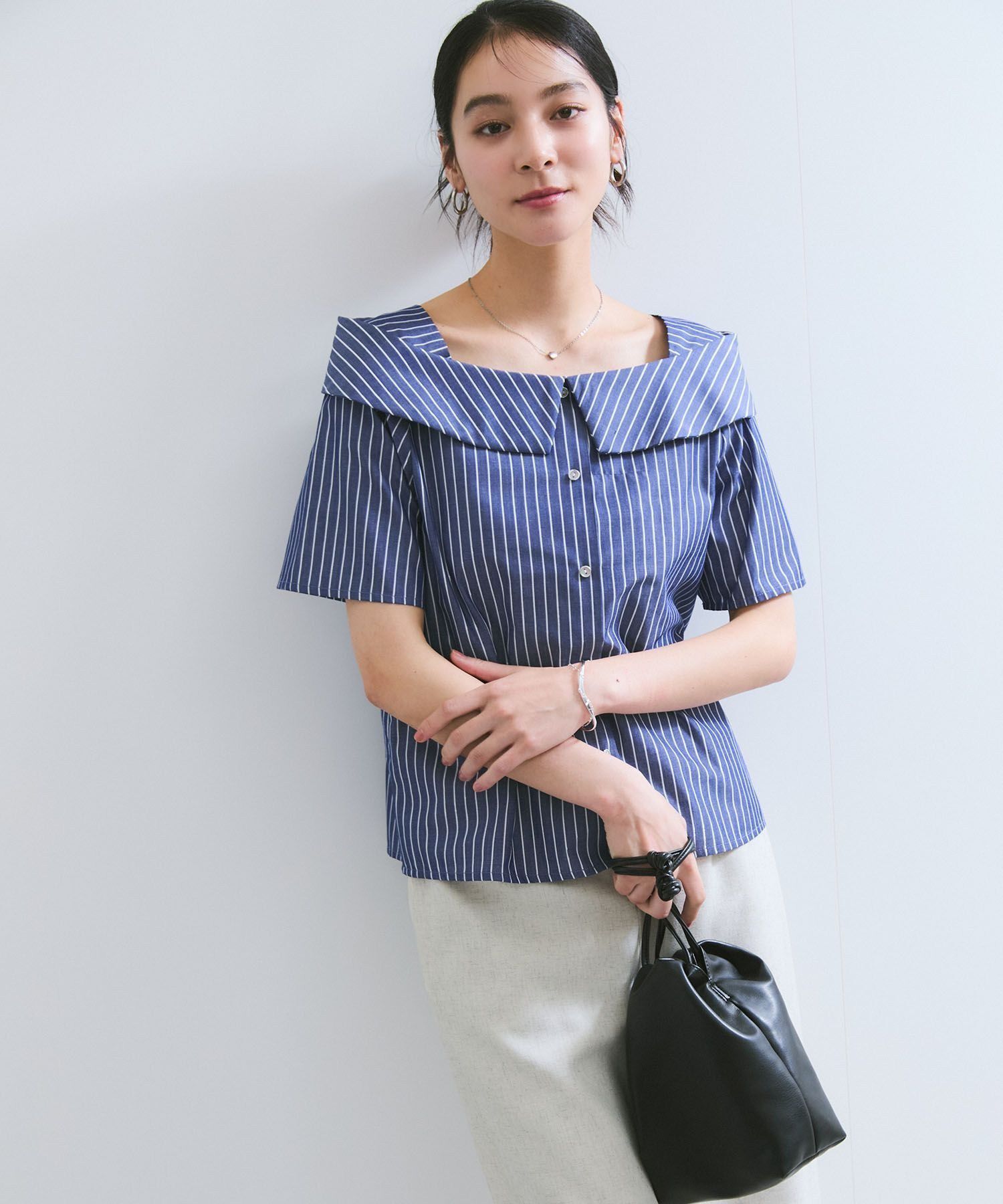 VIS「【防シワ】ラメミックスオフショルダー風ストライプシャツ」|シャツ・ブラウス|
