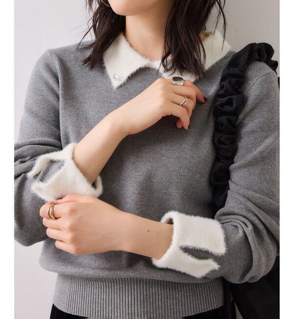 VIS「ビジュー付きシャギーカラーニットトップス」|ニット・セーター|