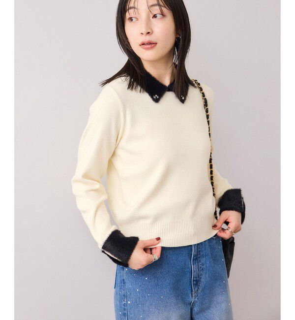 VIS「ビジュー付きシャギーカラーニットトップス」|ニット・セーター|