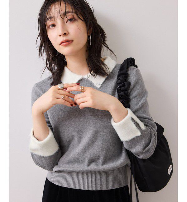 VIS「ビジュー付きシャギーカラーニットトップス」|ニット・セーター|