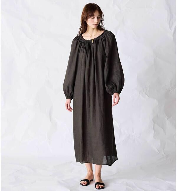  「WALANCE | リネン バルーンスリーブドレス WOMEN」|ワンピース|BLACK