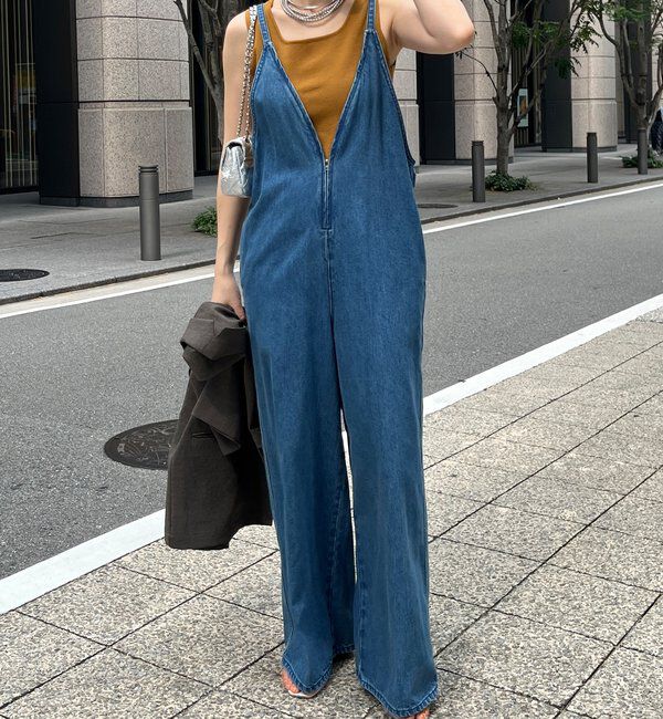  「細紐デニムフロントジップサロペット」|ワンピース|