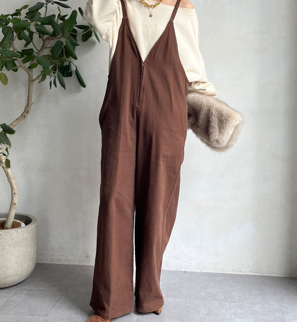  「細紐デニムフロントジップサロペット」|ワンピース|