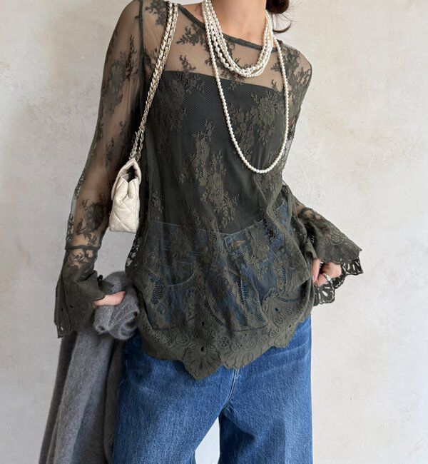  「レースフレアブラウス」|シャツ・ブラウス|カーキ