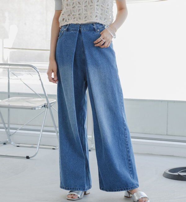  「【3サイズ】デニムタックワイドパンツ」|デニム|