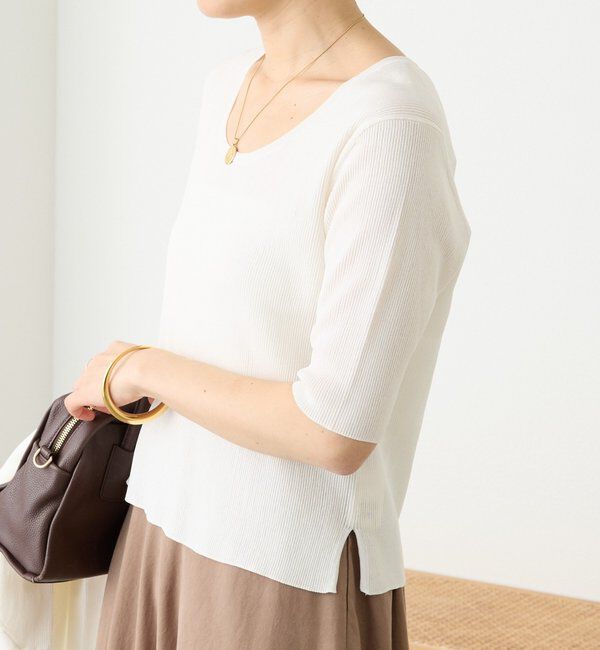  「予約【アンサンブル対応可】コットンUネックリブニット」|ニット・セーター|オフホワイト