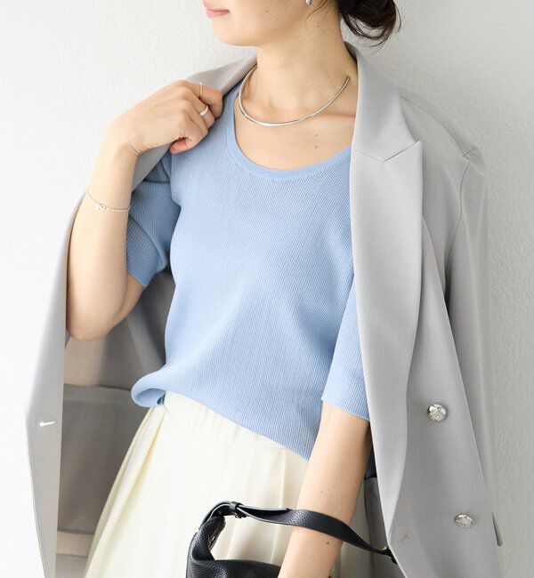  「予約【アンサンブル対応可】コットンUネックリブニット」|ニット・セーター|