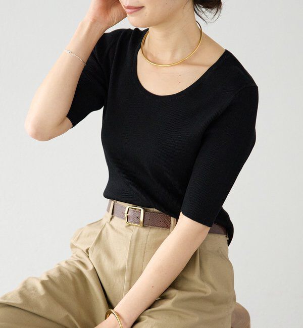  「予約【アンサンブル対応可】コットンUネックリブニット」|ニット・セーター|