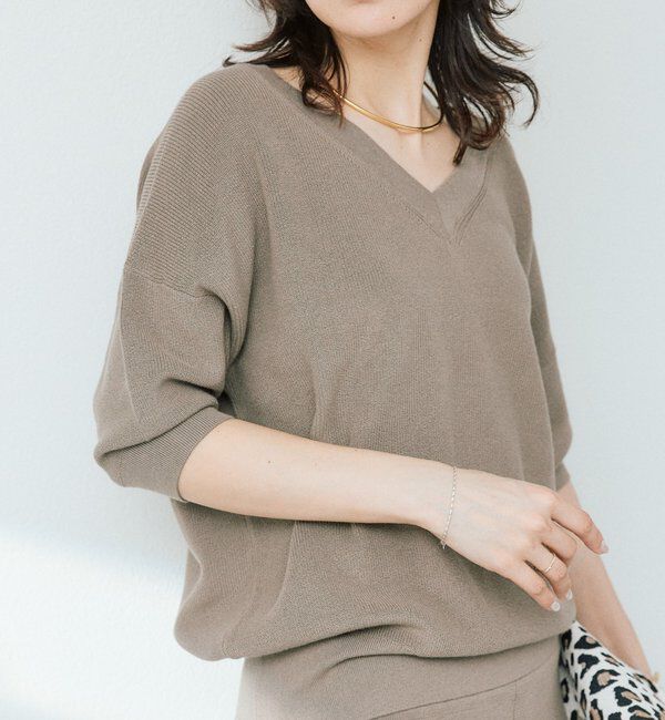  「【手洗い可能】ギマコットン片畦Vネックニット」|ニット・セーター|モカ
