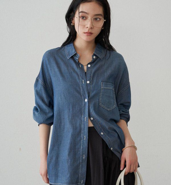  「【@_shirabe.s_コラボ】シアーデニムタックシャツ」|シャツ・ブラウス|インディゴブルー