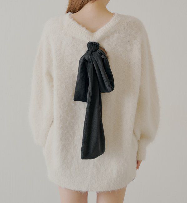  「2wayバックオープンベロアリボンルーズニット」|ニット・セーター|