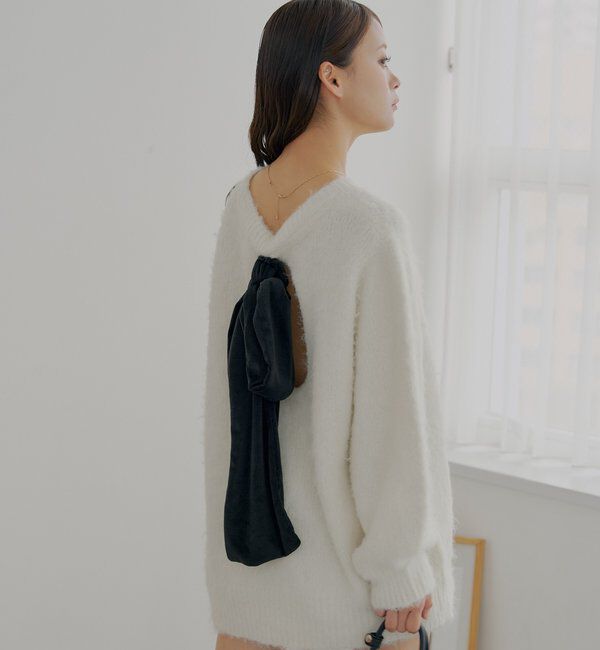  「2wayバックオープンベロアリボンルーズニット」|ニット・セーター|