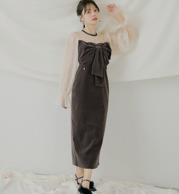  「【SALON by Chico】配色シアーリボンベロアワンピース/オケージョン」|ドレス|チャコールグレー