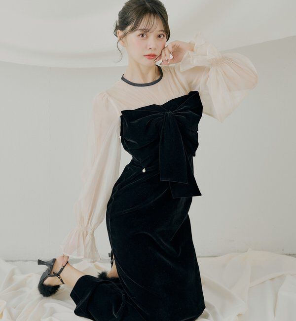  「【SALON by Chico】配色シアーリボンベロアワンピース/オケージョン」|ドレス|ブラック