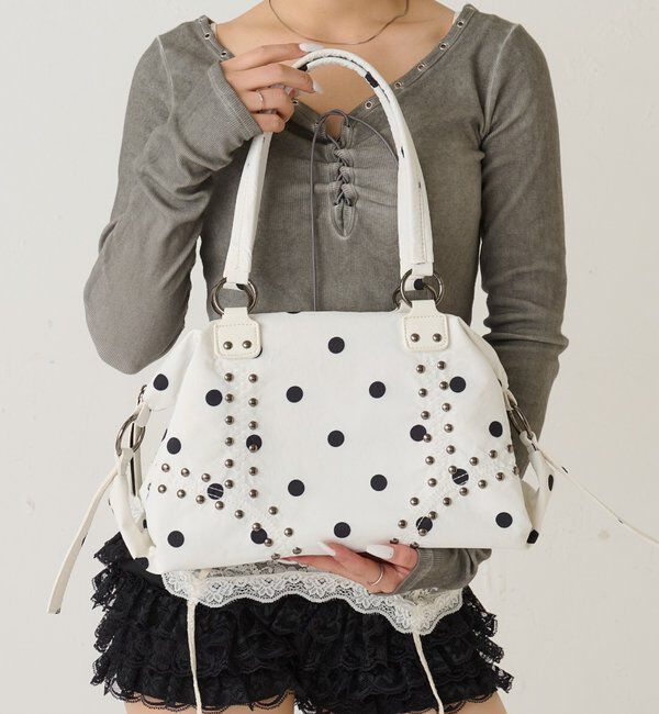  「スタッズショルダーバッグ（無地/ドット柄）」|トートバッグ|ホワイトその他1