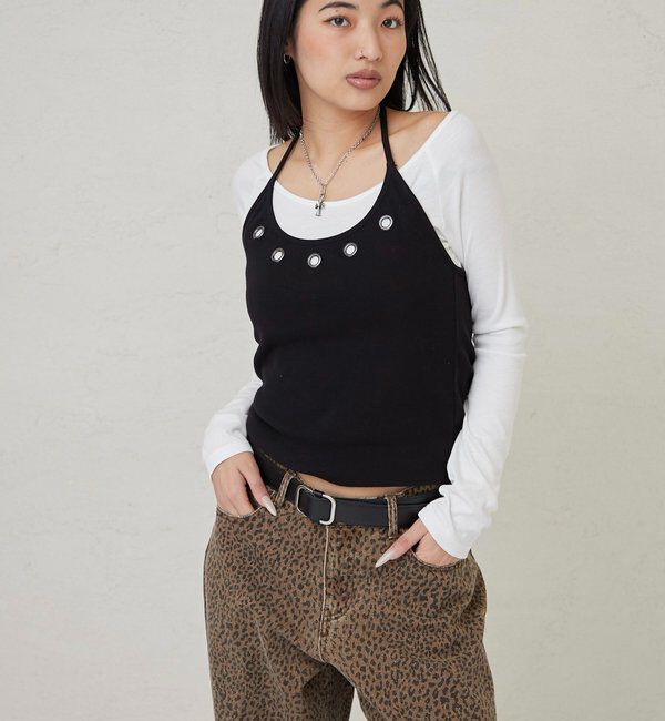  「アイレットホルターレイヤードトップス(無地/ボーダー/ドット)」|Tシャツ・カットソー|
