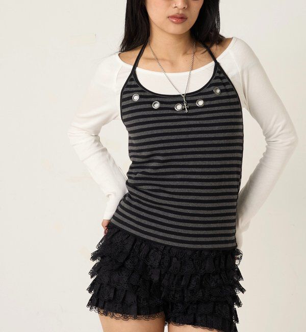  「アイレットホルターレイヤードトップス(無地/ボーダー/ドット)」|Tシャツ・カットソー|