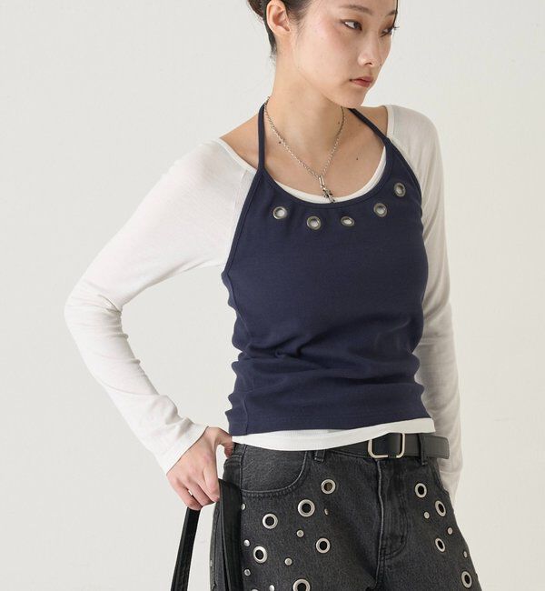  「アイレットホルターレイヤードトップス(無地/ボーダー/ドット)」|Tシャツ・カットソー|