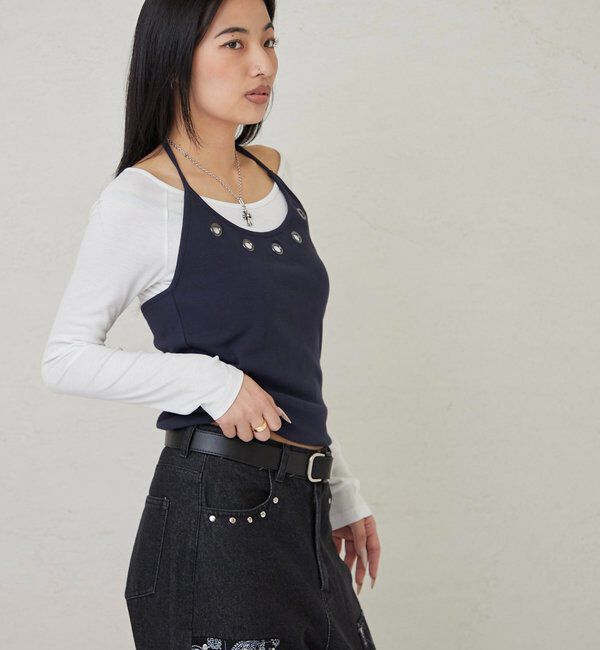  「アイレットホルターレイヤードトップス(無地/ボーダー/ドット)」|Tシャツ・カットソー|