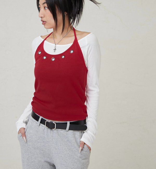  「アイレットホルターレイヤードトップス(無地/ボーダー/ドット)」|Tシャツ・カットソー|