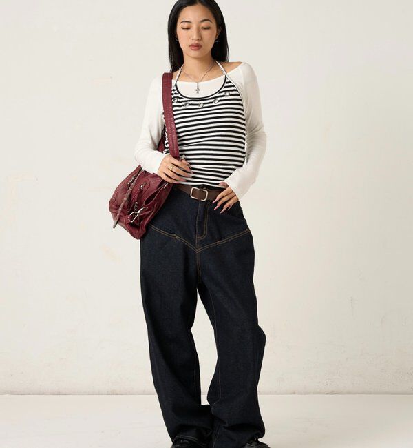  「アイレットホルターレイヤードトップス(無地/ボーダー/ドット)」|Tシャツ・カットソー|