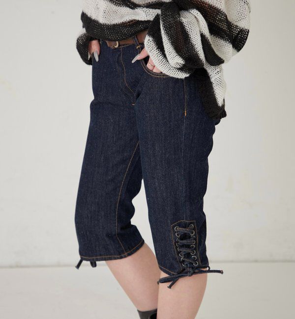  「レースアップデニムカプリパンツ」|デニム|
