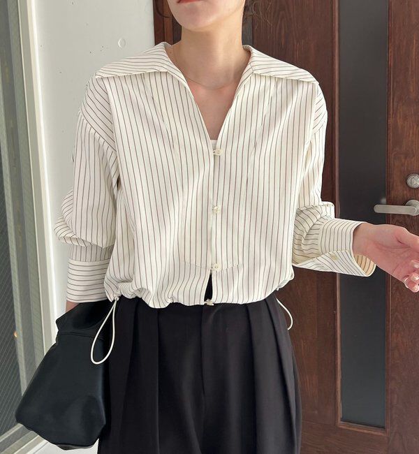  「Vネックストライプショートシャツ」|シャツ・ブラウス|ベージュ