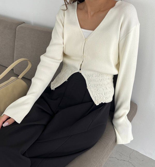 「【スタイルアップ効果◎】裾シャーリングリブカーディガン」|カーディガン|