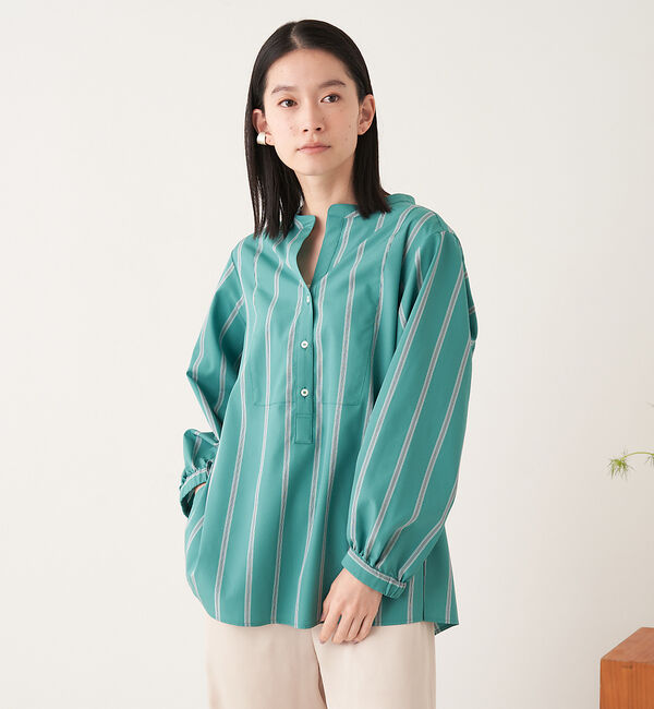 collex「＜手洗い可能＞ ストライプスタンドカラーシャツ」|シャツ・ブラウス|グリーン