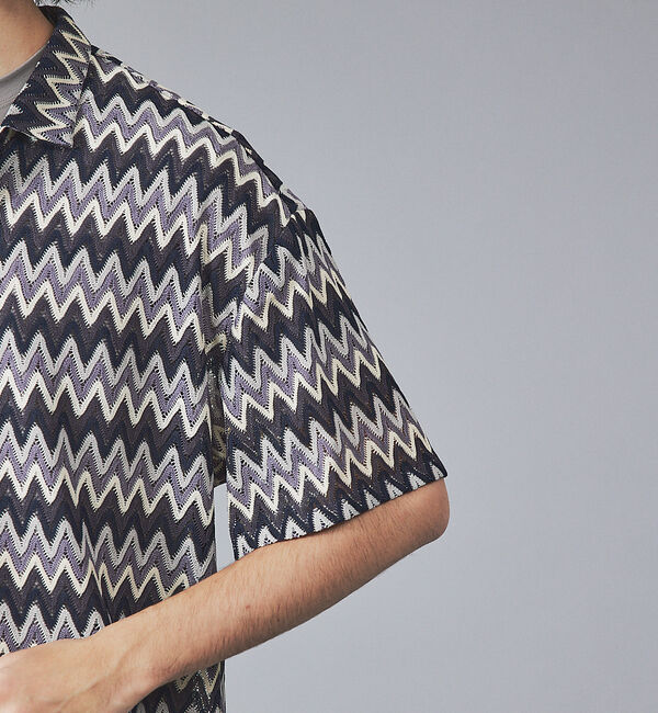 ABAHOUSE「【Revo.】透かし編みニットオープンカラーヘリンボーン半端袖シャツ」|シャツ・ブラウス|