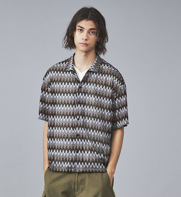 ABAHOUSE「【Revo.】透かし編みニットオープンカラーヘリンボーン半端袖シャツ」|シャツ・ブラウス|ブラウン