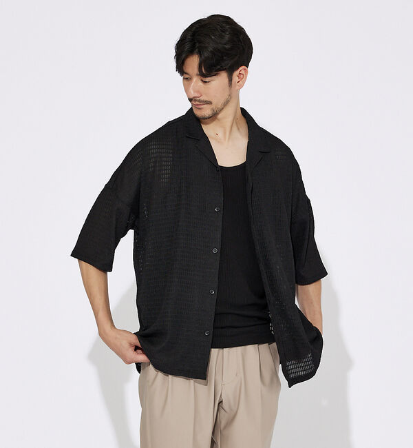 ABAHOUSE「【ブロック柄】ストレッチ シアーシャツ」|シャツ・ブラウス|ブラック