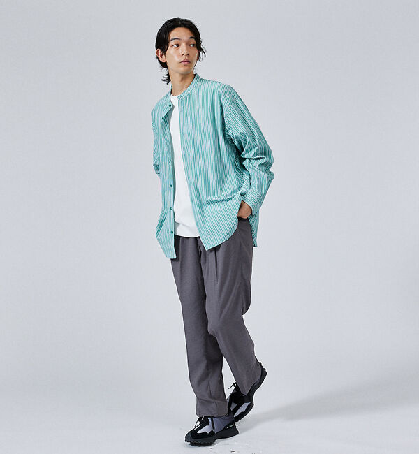 ABAHOUSE「【バイアスヨーク】ストライプ バンドカラーシャツ / オーバーサイズ」|シャツ・ブラウス|