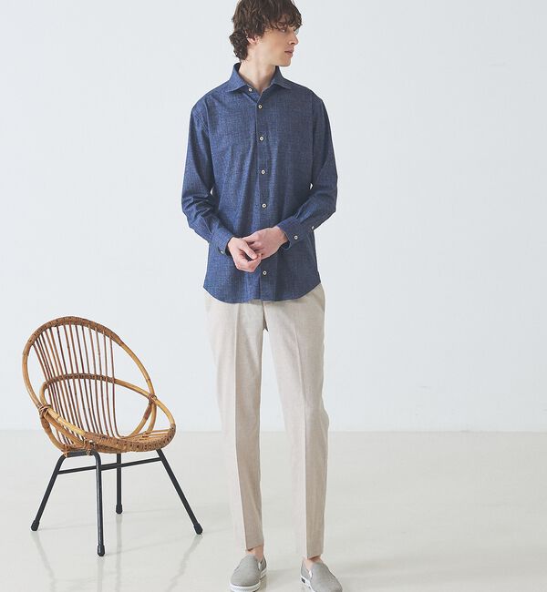 ABAHOUSE「【ON/OFF兼用】ストライプ＆デニムライク　360&deg;ストレッチ ワイドカラーシ」|シャツ・ブラウス|