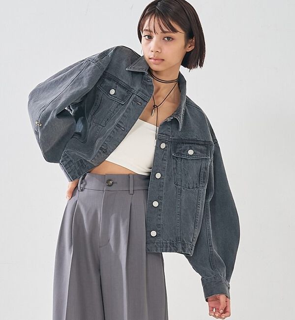 abahouse mavie「【オリジナル】デニムショートジャケット/バルーン袖/長袖/羽織/春服」|その他|グレー