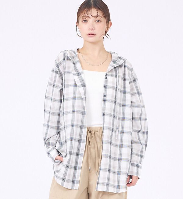 abahouse mavie「【シアー素材】チェックフードシャツ/春服/夏服/ゆったり/羽織り」|シャツ・ブラウス|