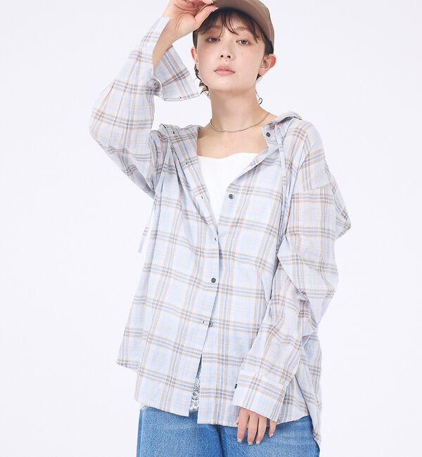 abahouse mavie「【シアー素材】チェックフードシャツ/春服/夏服/ゆったり/羽織り」|シャツ・ブラウス|