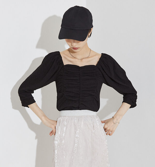 NOMINE「シャーリング ボリュームスリーブ2WAYプルオーバー」|Tシャツ・カットソー|ブラック