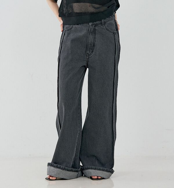 NOMINE「サイドライン ワイド デニムパンツ」|デニム|チャコールグレー