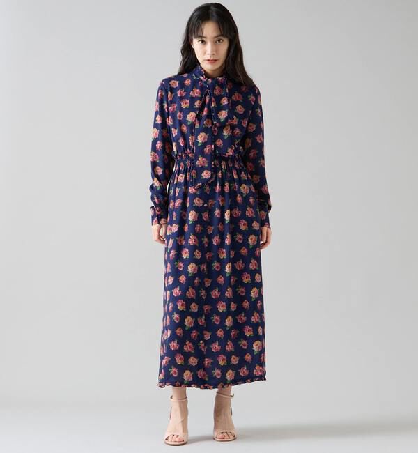 TIARA「オールドローズプリントボウリボン付きワンピース」|ワンピース|ネイビー