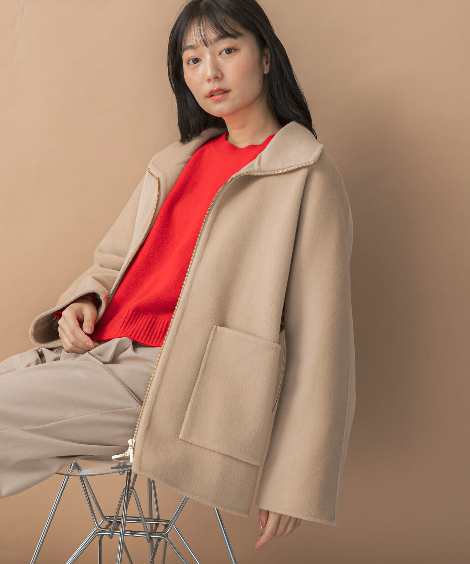 URBAN RESEARCH ROSSO「ダブルジップリバーコート」|ノーカラーコート|ライトベージュ