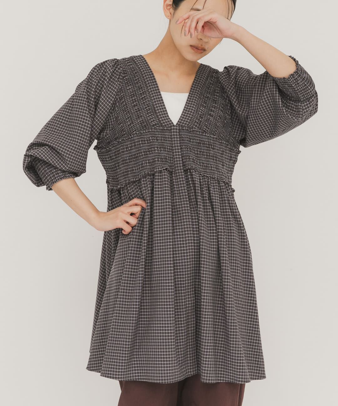  「2WAYシャーリングチェックミニワンピース」|ワンピース|