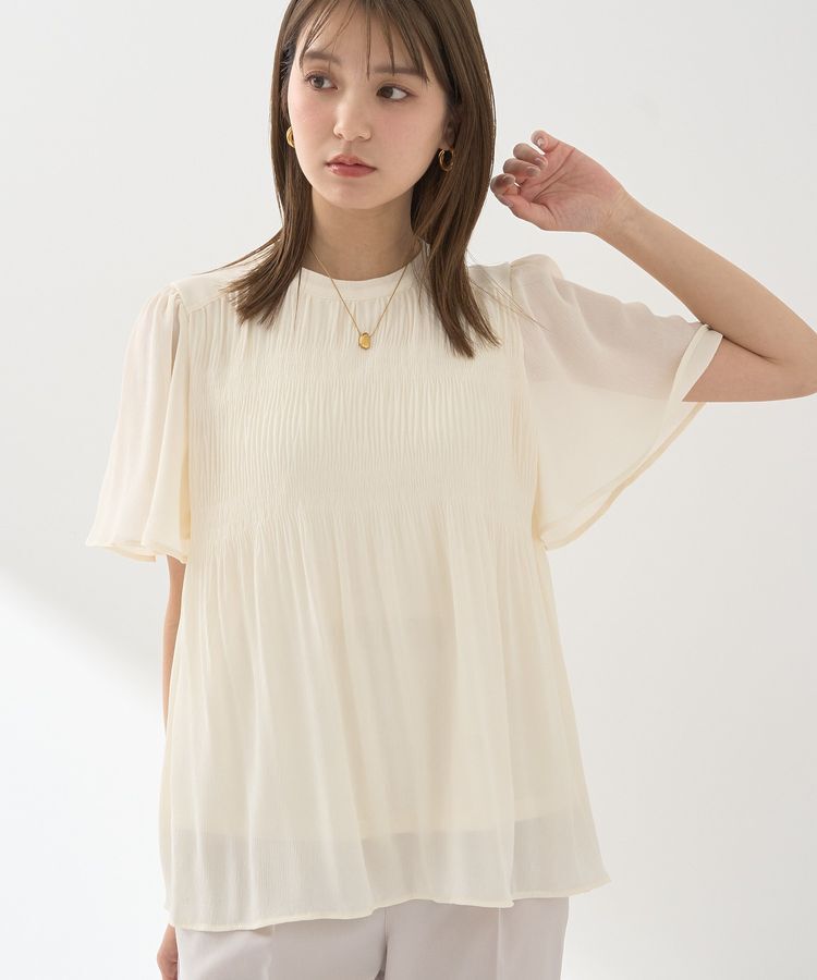 earth music&ecology「マジョリカプリーツ半袖ブラウス」|シャツ・ブラウス|Ivory